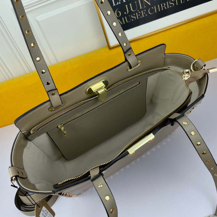 Lychee Grain Leather Rivet Triangle Lock Tote Bag Premium Leather Finish