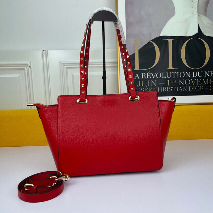 Lychee Grain Leather Rivet Triangle Lock Tote Bag Fashionable Rivet Details