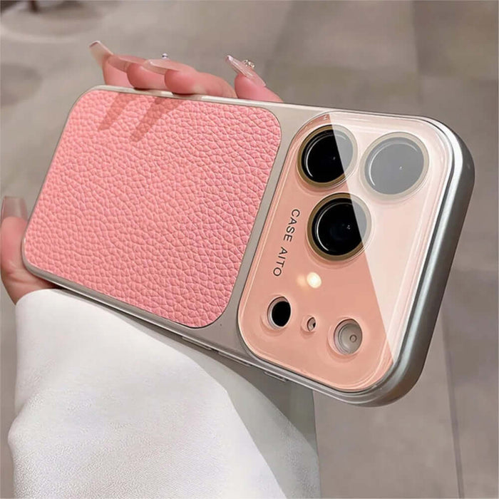 Lychee pattern Phone Case Full body Coverage with pink leather texture on smartphone held in hand.