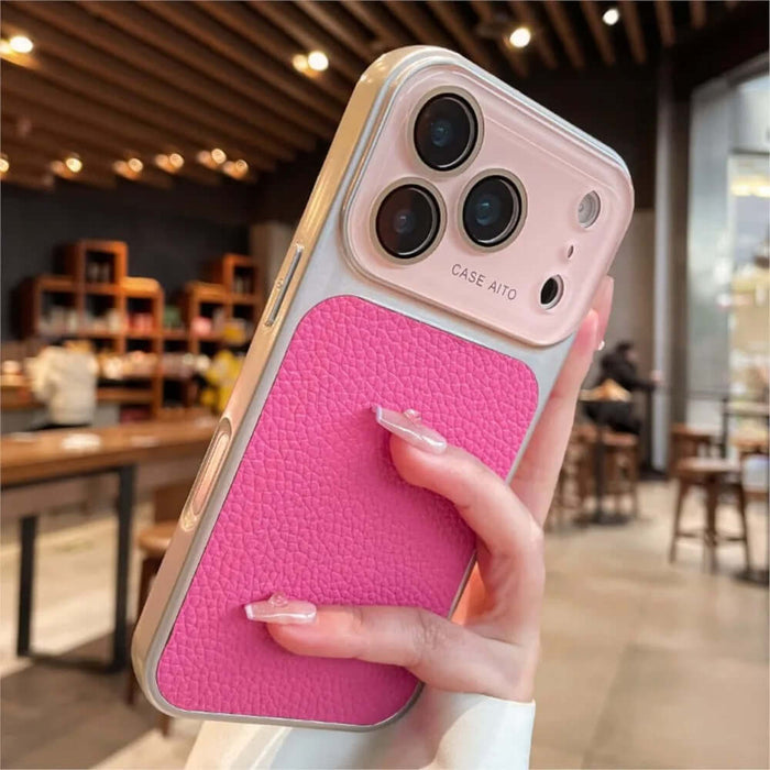 Lychee pattern Phone Case Full body Coverage on a smartphone held by a hand in a stylish café setting