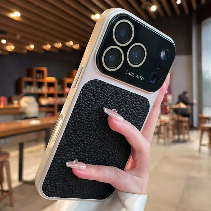 Lychee pattern Phone Case Full body Coverage on a smartphone held by a person in a cafe setting.