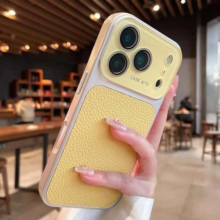 Lychee pattern Phone Case Full body Coverage in stylish yellow design held in hand, showcasing protection and fashion.