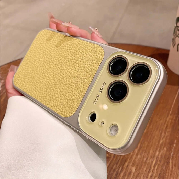 Lychee pattern Phone Case Full body Coverage on a smartphone with a textured yellow design and dual camera lenses.