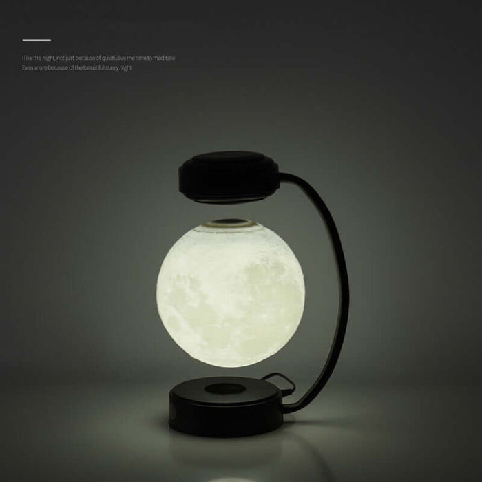 Magnetic Levitating Moon Lamp floating in mid-air, glowing softly, enhancing modern decor with its unique design.