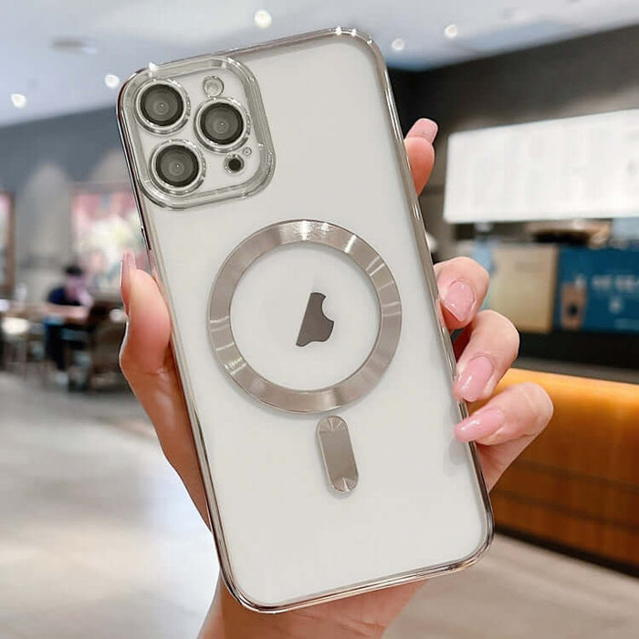 MagSafe Electroplating Case for iPhone 16 displayed on hand in modern cafe setting.