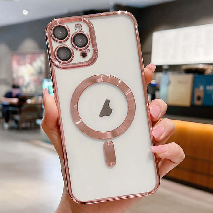 MagSafe Electroplating Case for iPhone 16 held in hand, featuring a sleek design and magnetic charging circle.