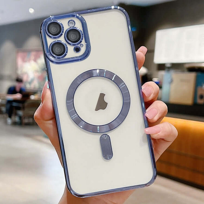 MagSafe Electroplating Case for iPhone 16 held in hand, showcasing its design and MagSafe compatibility.