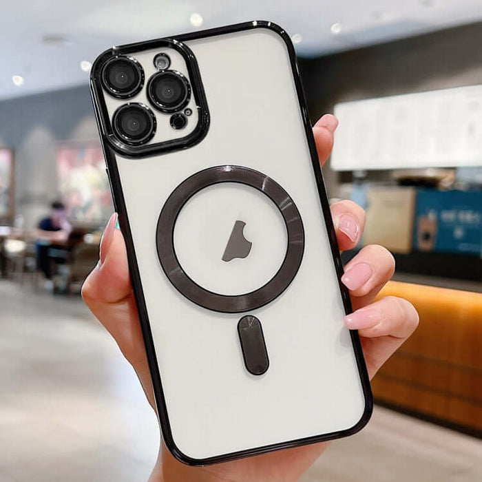 MagSafe Electroplating Case for iPhone 16 held in hand, showcasing its sleek design and MagSafe compatibility.