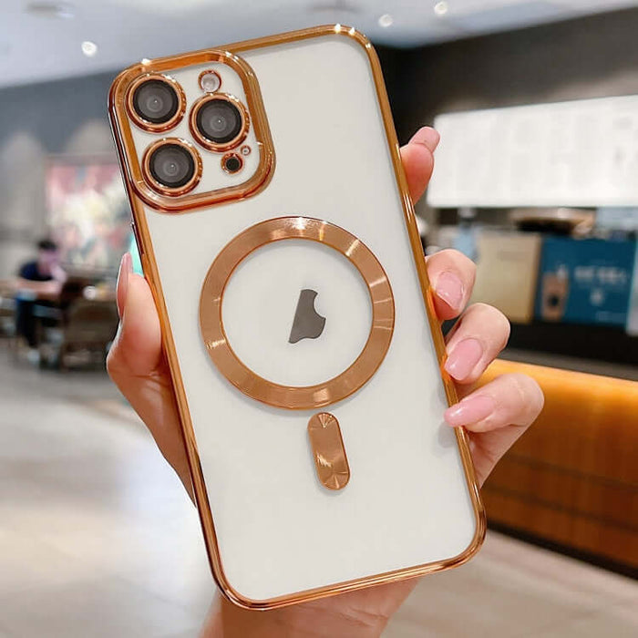MagSafe Electroplating Case for iPhone 16 held in hand, featuring a gold ring design and three camera lenses.