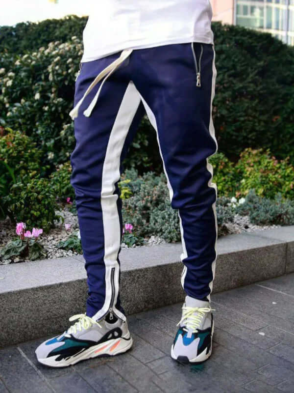 Men Color Block Casual Pants with Multi Zipper Pockets side angle