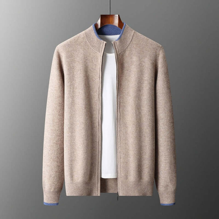 Men Contrast Color Cardigan Half Turtleneck Zipper Sweater high-end thickened coarse woolen yarn weave detail profile.