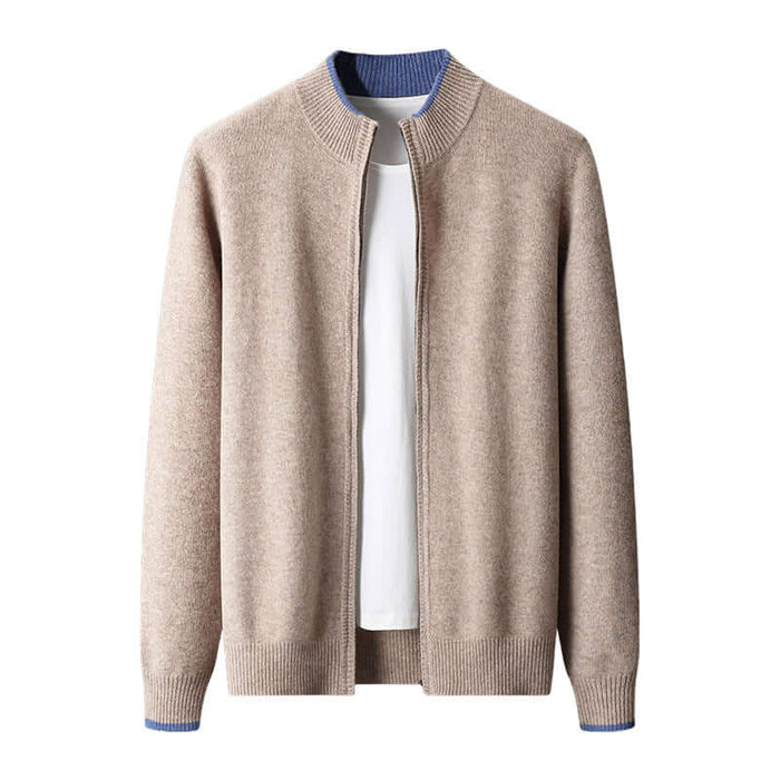 Men Contrast Color Cardigan Half Turtleneck Zipper Sweater protective half turtleneck collar design close up look.