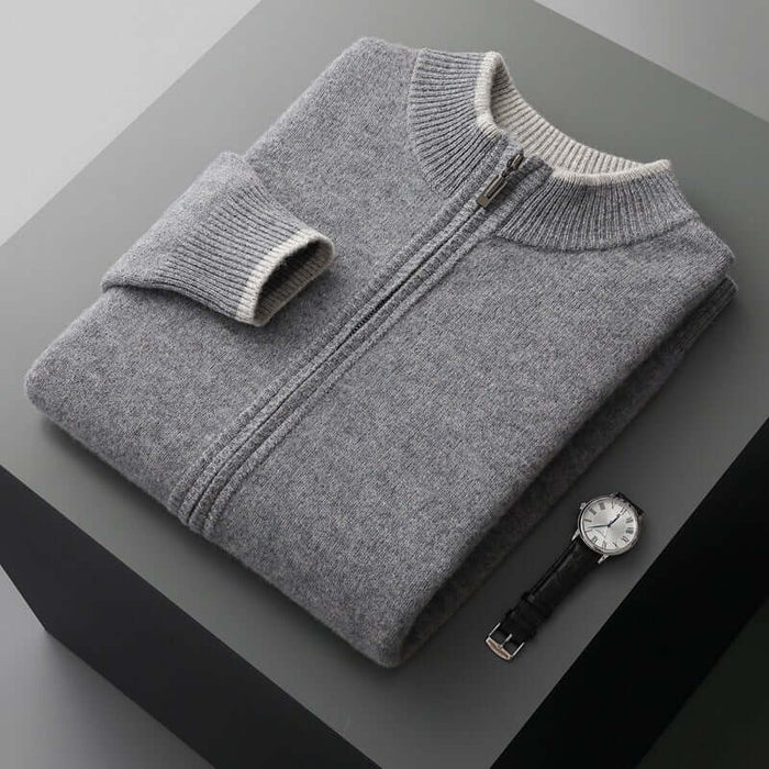 Men Contrast Color Cardigan Half Turtleneck Zipper Sweater exquisite collage stitching workmanship detailing across shoulder seams.