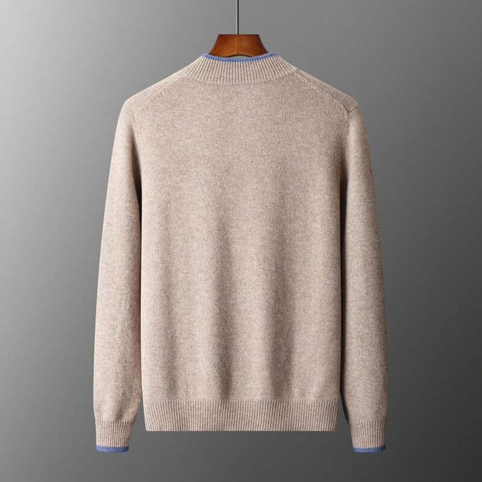 Men Contrast Color Cardigan Half Turtleneck Zipper Sweater modern trendy youth loose fitting silhouette display on mannequin.