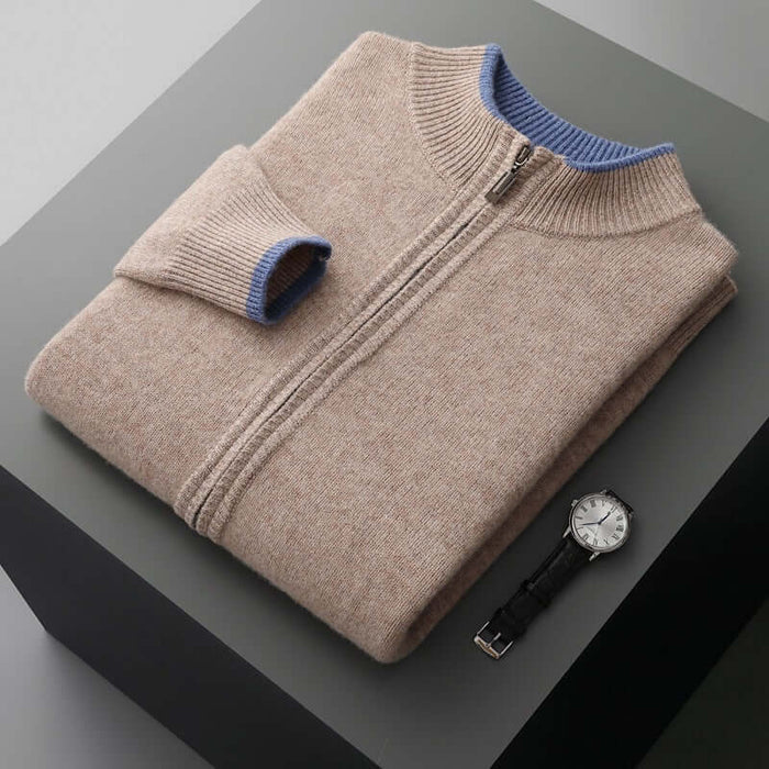 Men Contrast Color Cardigan Half Turtleneck Zipper Sweater purple velvet luxury tone featuring rich color saturation.