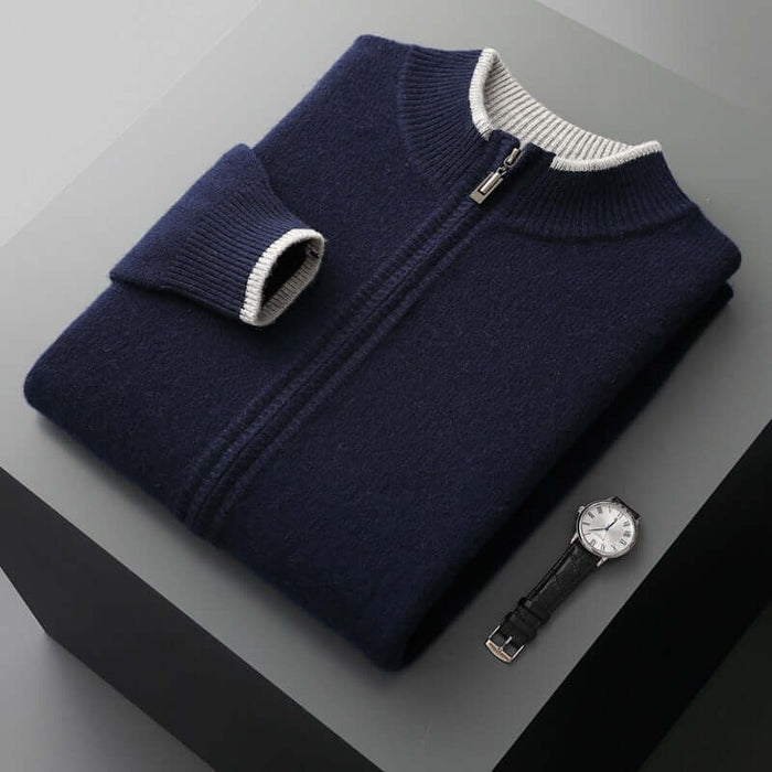 Men Contrast Color Cardigan Half Turtleneck Zipper Sweater dark blue option displaying deep tone contrast block lines.