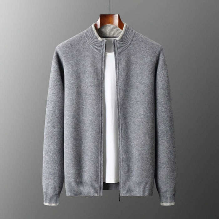 Men Contrast Color Cardigan Half Turtleneck Zipper Sweater medium gray knit palette showing subtle urban color blocking.