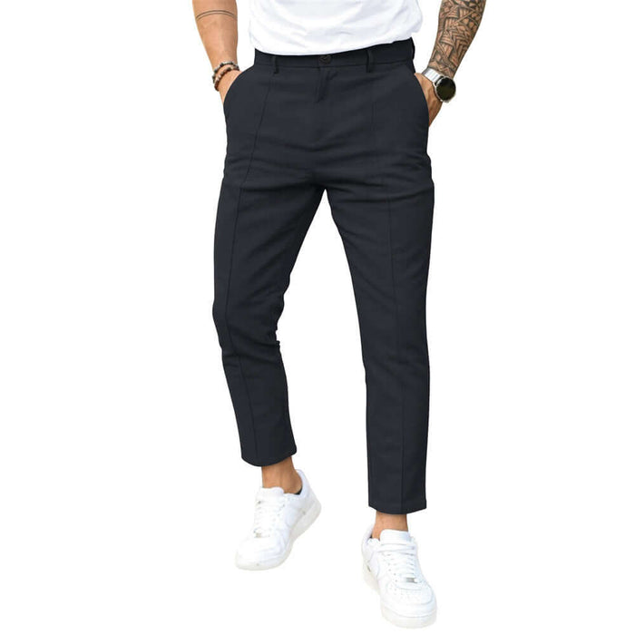 Men Double Fold Line Solid Color Casual Suit Pants black skinny fit.