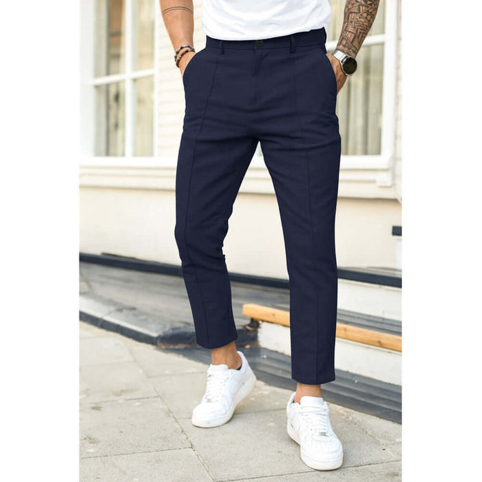 Men Double Fold Line Solid Color Casual Suit Pants dark gray leisure clothing.