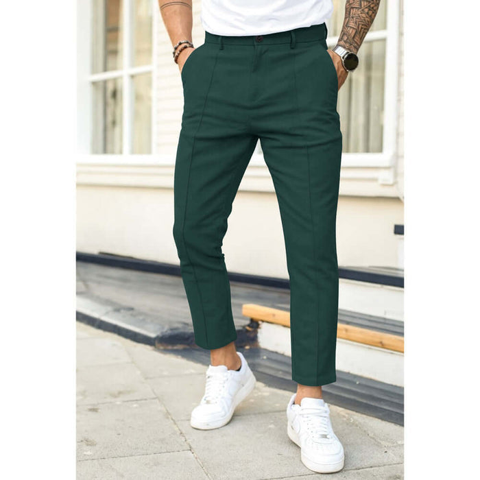 Men Double Fold Line Solid Color Casual Suit Pants dark green skinny leggings.