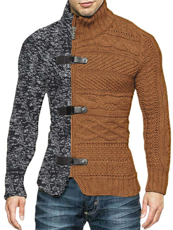 Men High Neck Knit Cardigan Sweater high neck detail