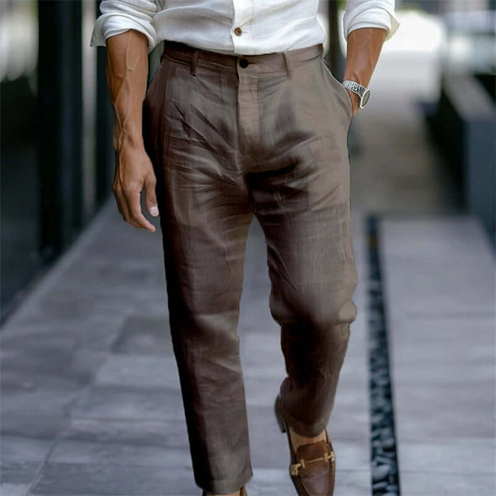 Men Linen Trousers Solid Casual Pants khaki breathable linen.