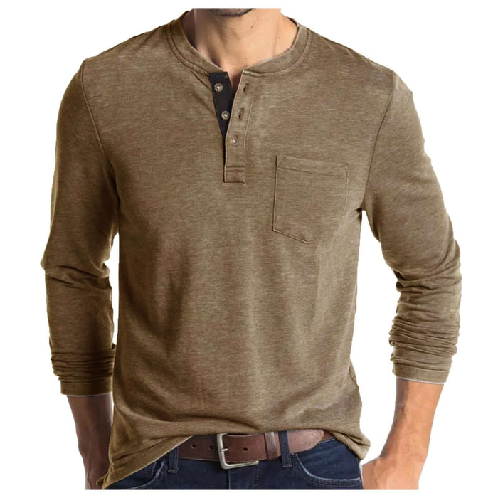 Men Long Sleeve Round Neck T-Shirt Casual Pullover Top size XL configured with 64cm sleeve draping and 78.5cm length.