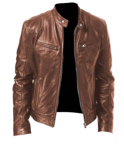 Men PU Leather Zip Up Jacket Stand Collar Casual Coat coffee color
