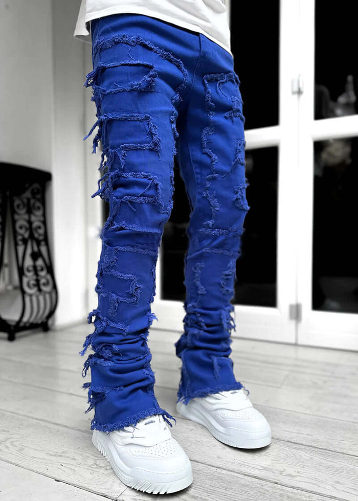 men ripped stacked slim fit jeans streetwear in blue with ripped details and stacked styling