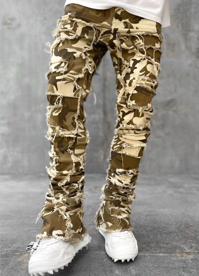 Men Ripped Stacked Slim Fit Jeans Streetwear showcasing a bold urban style with ripped details and a slim fit in camouflage pattern.