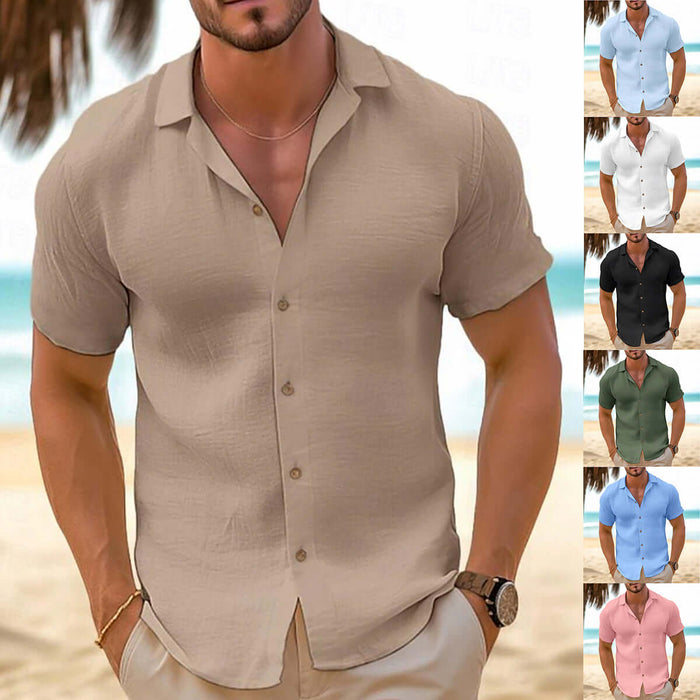Men Short-Sleeved Button-Down Summer Shirt displayed in multiple colors on a model at the beach.