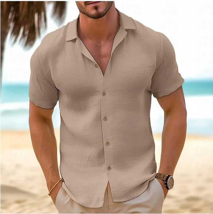 Men Short-Sleeved Button-Down Summer Shirt in beige, perfect for beach outings and casual summer events.