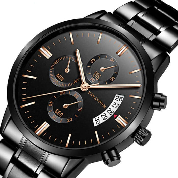 Men Stainless Steel Business Calendar Watch black face rose gold.