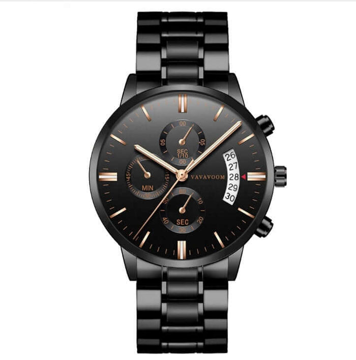 Men Stainless Steel Business Calendar Watch butterfly double snap buckle.