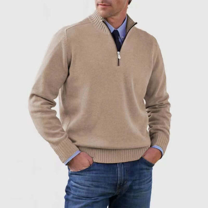 Men Stand Collar Zipper Sweater Winter Warm Knitted Top black slim fit.