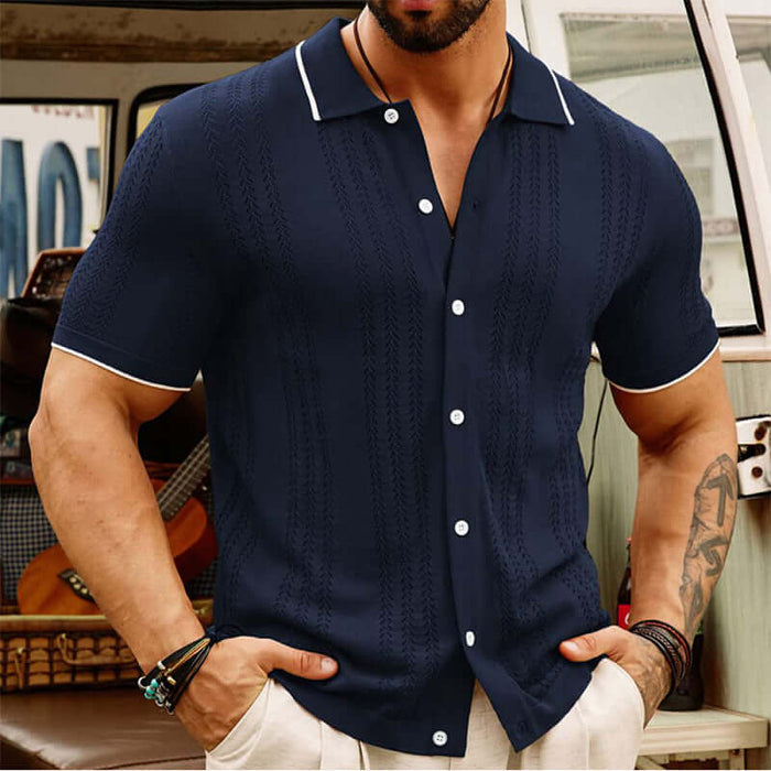 Men Summer Button Lapel Short Sleeve Polo Shirt elegant corporate dark blue edition worn smoothly inside a bright boardroom