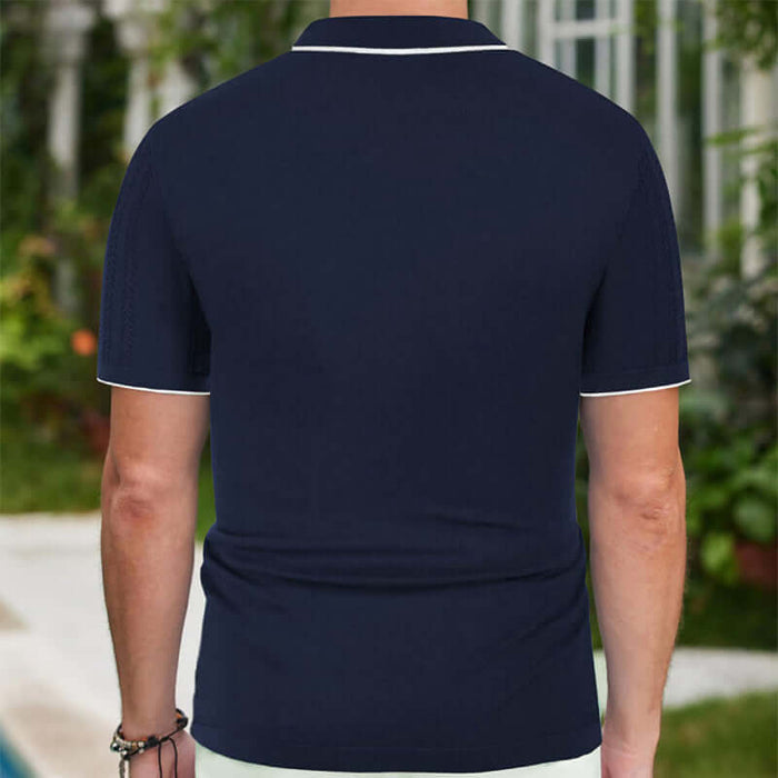 Men Summer Button Lapel Short Sleeve Polo Shirt lightweight breathable tencel fiber texture close up display