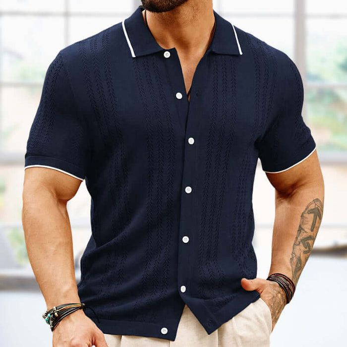 Men Summer Button Lapel Short Sleeve Polo Shirt premium fashion business attire presentation hanging inside a luxury boutique