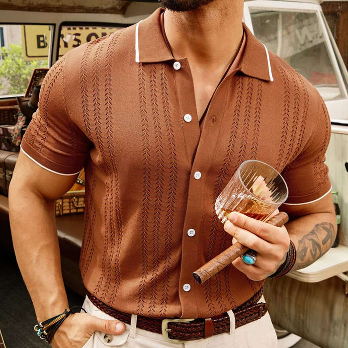 Men Summer Button Lapel Short Sleeve Polo Shirt smart casual beige tone option styled elegantly with pressed khaki trousers