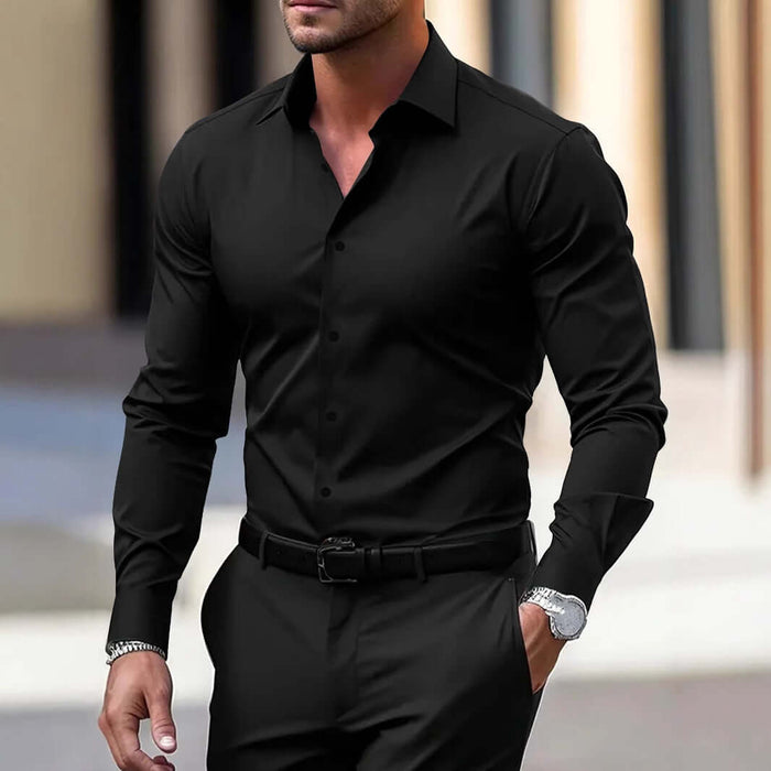 Mens Business Button Down Long Sleeve Vacation Shirt in stylish black, perfect for formal and casual outings.