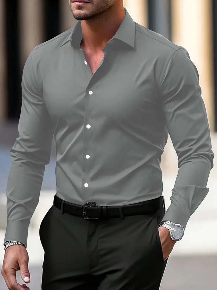 Mens Business Button Down Long Sleeve Vacation Shirt in gray, featuring long sleeves and a stylish button-down design.