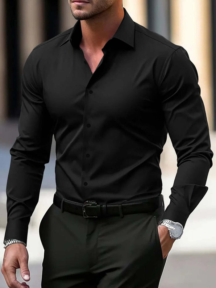 Mens Business Button Down Long Sleeve Vacation Shirt in black, featuring a modern fit and stylish design for formal occasions.