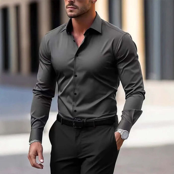 Mens Business Button Down Long Sleeve Vacation Shirt, stylish and elegant, worn by a model in a fashionable urban setting.