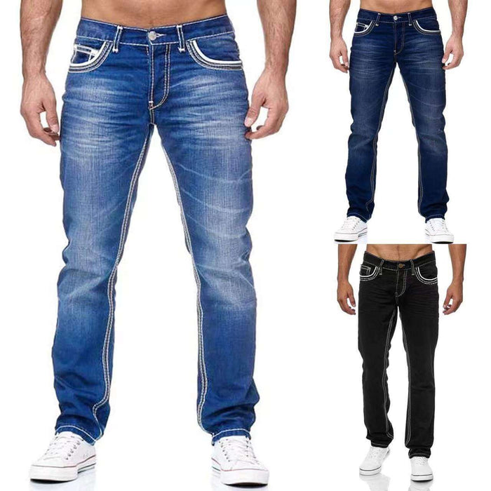 Men's Business Casual Straight Jeans side view highlighting the symmetrical functional front and back pockets placement