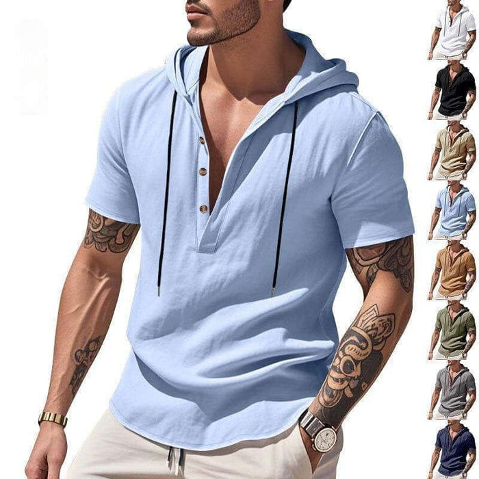 Mens Casual Breathable Linen Hooded Henley Shirt apricot