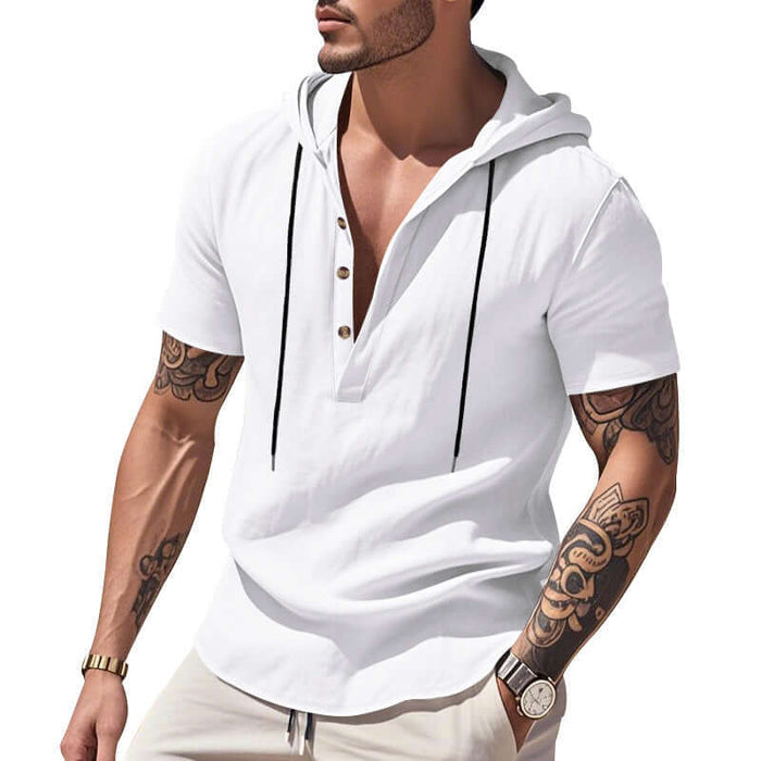 Mens Casual Breathable Linen Hooded Henley Shirt tan