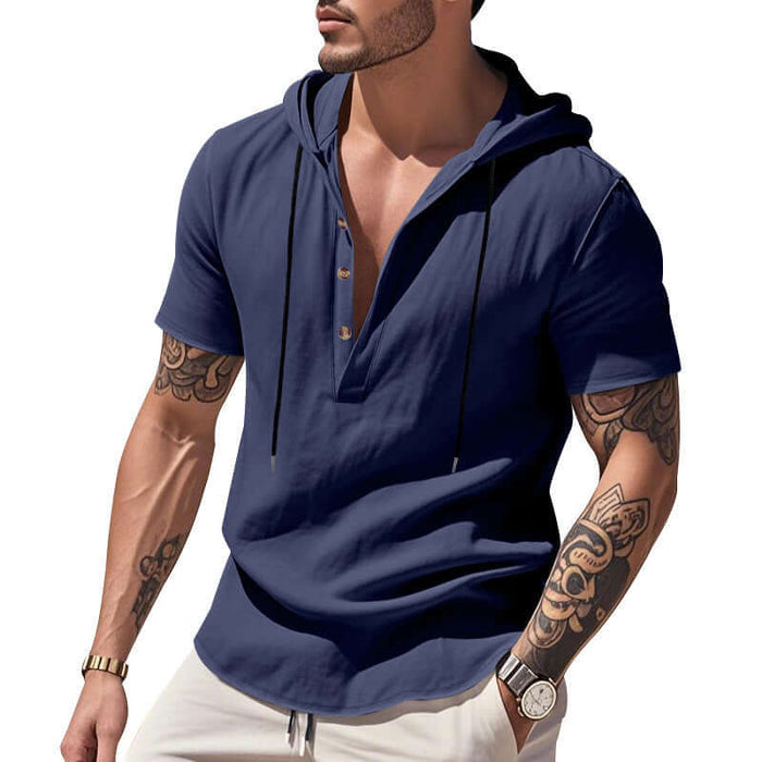 Mens Casual Breathable Linen Hooded Henley Shirt size S length 72cm