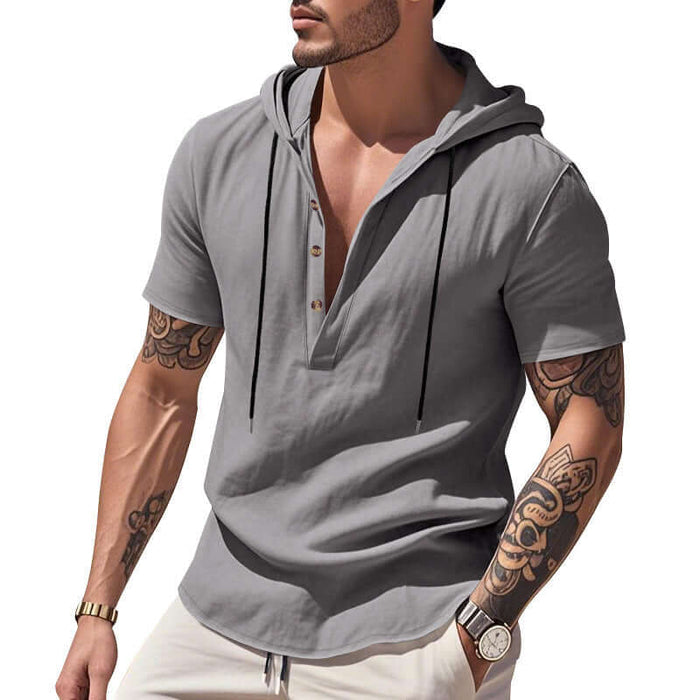 Mens Casual Breathable Linen Hooded Henley Shirt army green