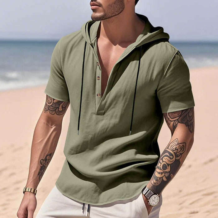 Mens Casual Breathable Linen Hooded Henley Shirt short sleeve pullover