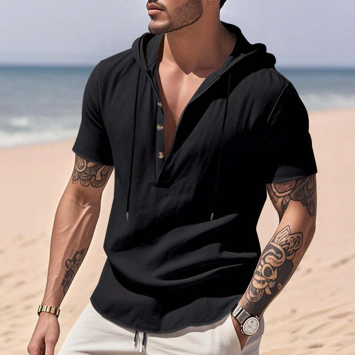 Mens Casual Breathable Linen Hooded Henley Shirt loose fit streetwear.